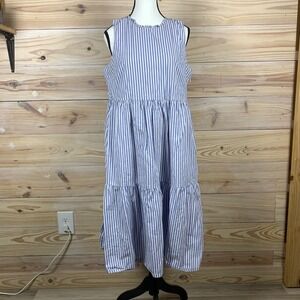 J. Crew Midi Dress Womens 12 Blue White Striped Tiered Modest Cottage